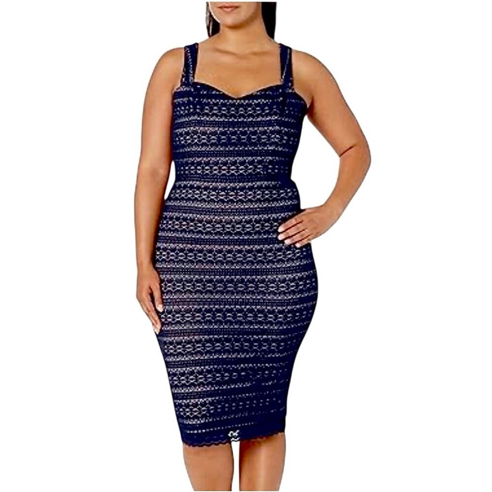 Dress the Population Nicole Lace Midi Dress XXL Navy Blue Sweetheart Sheath
